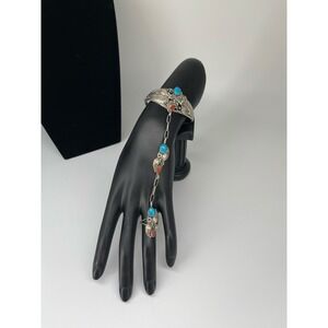 Vintage Sterling Silver Turquoise Coral Hand Chain Ring Bracelet NN Genuine‎